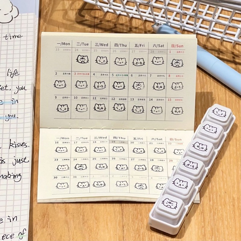 Rubber Date Stamp - 귀여운 고양이 만화 프레스 탈부착 가능